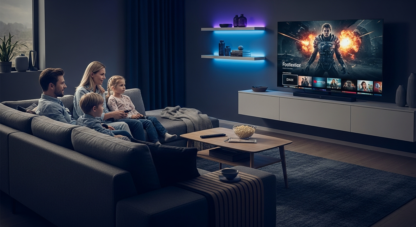 Familj som streamar IPTV på Smart TV i 4K kvalitet